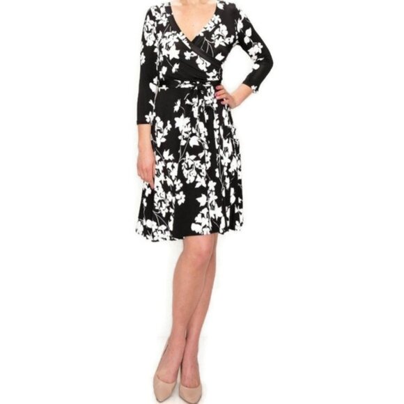 Janette Fashion Black White Floral Faux Wrap Knee Length Dress - Picture 3 of 4